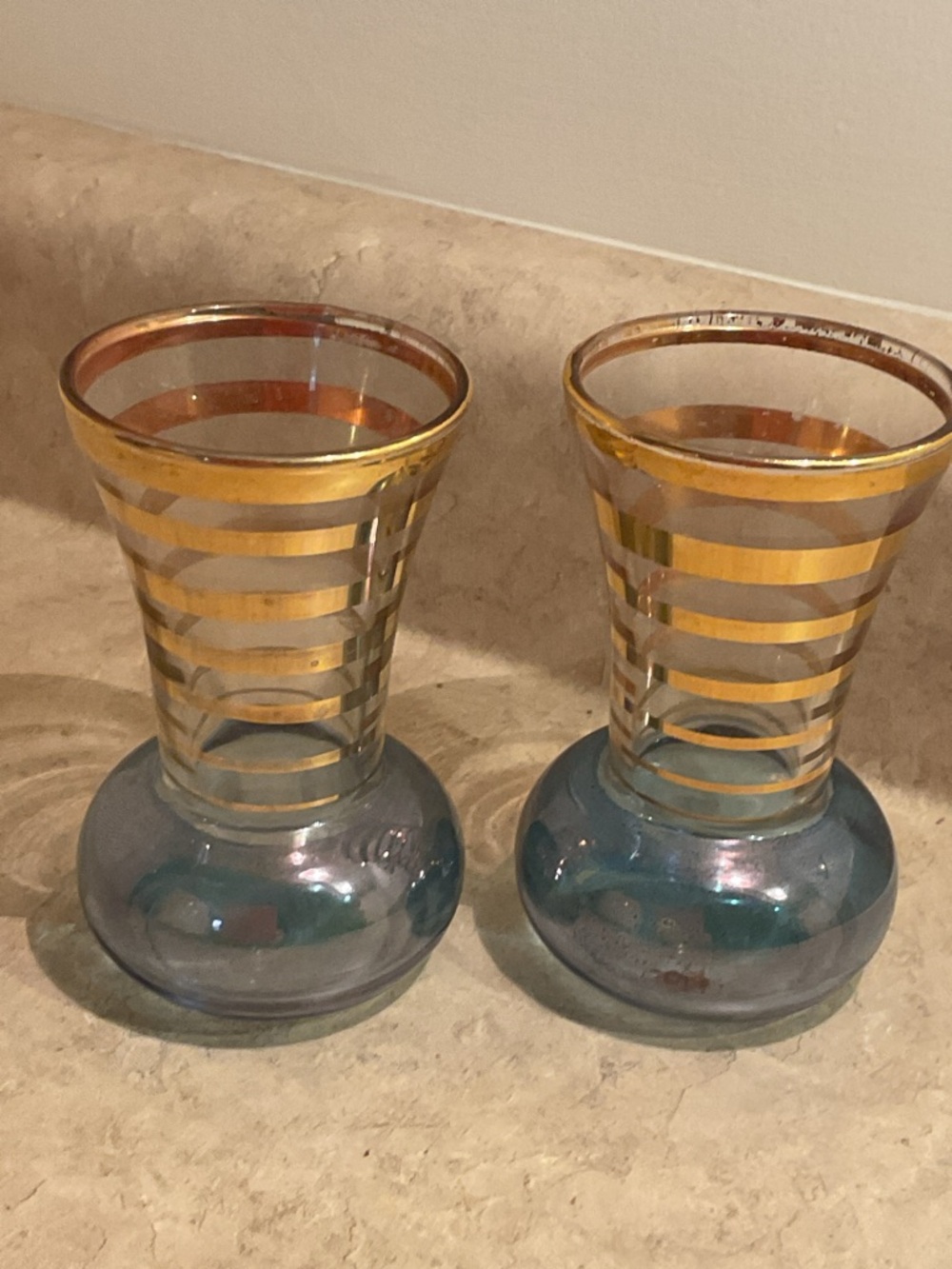 Vintage Bartlett Collins Glass Bud Vase iridescent blue and gold